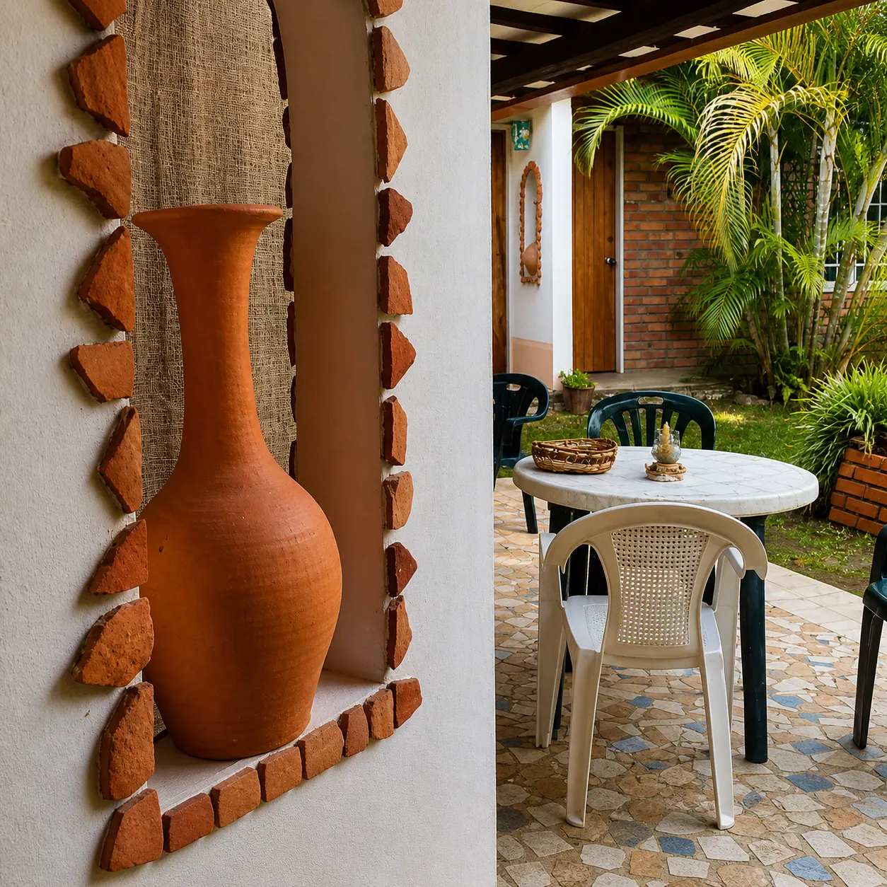Jarrón artesanal de barro junto a una mesa bajo el corredor con plantas tropicales