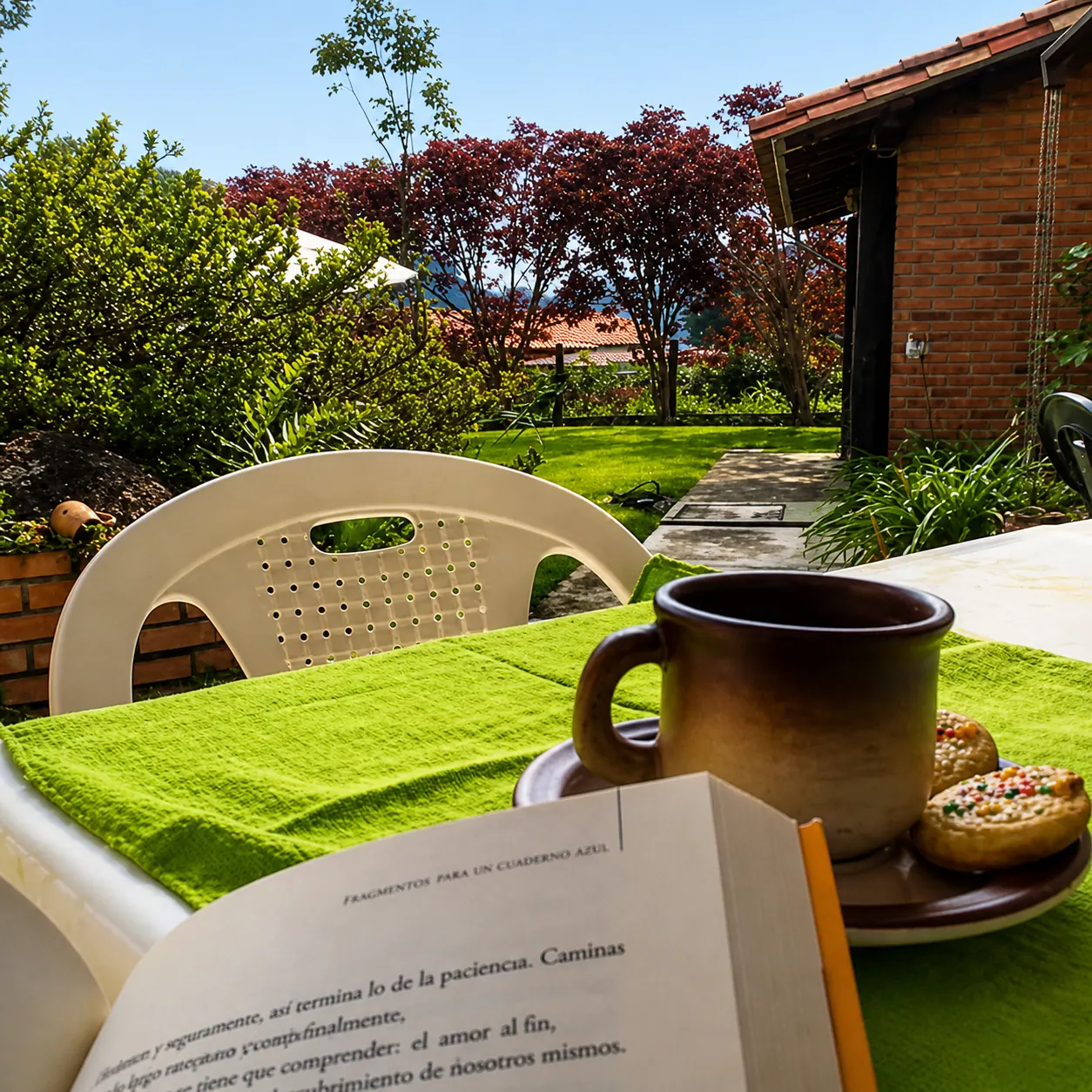 Taza y libro sobre una mesa con vista al jardín y a los árboles de la posada